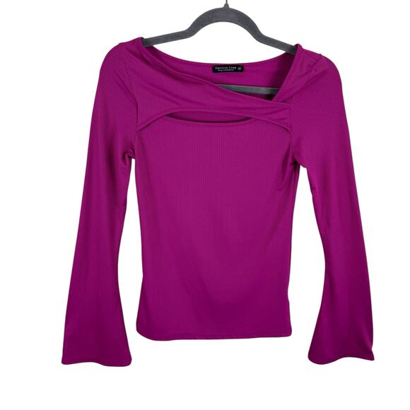 Emerson Lang Hot Pink Ribbed Knit Long Bell Sleeve Asymmetrical Neckline Top M - Picture 1 of 8